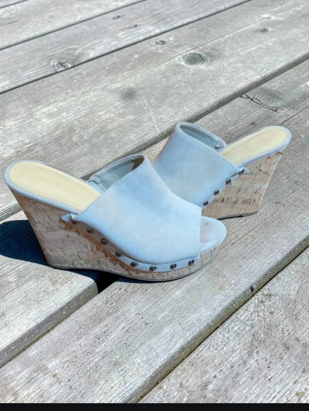 Marc Fisher Nude Cream Nubuck Suede Cork Hi Wedge Coastal  Slides Sz 9.5